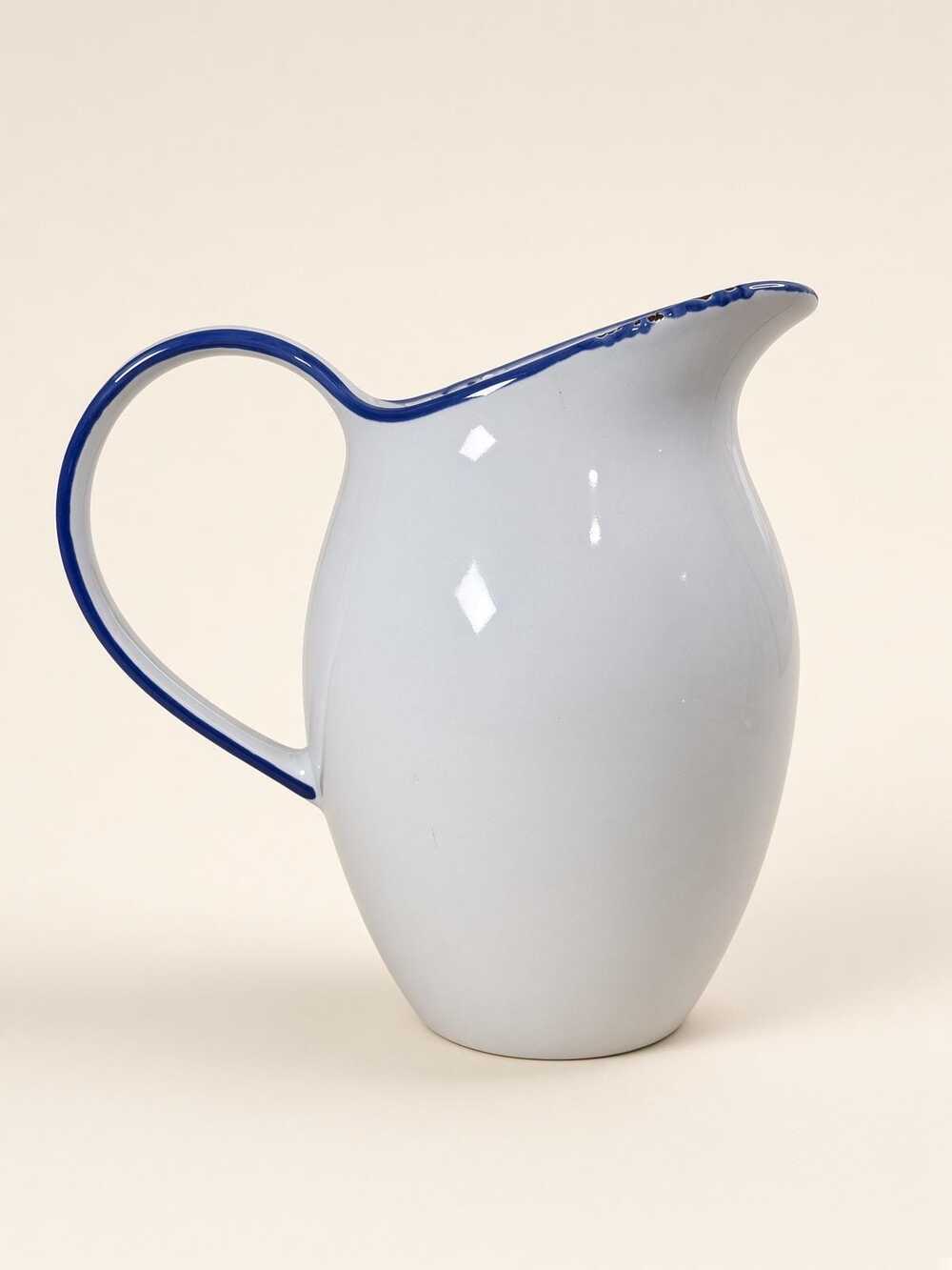 White Ceramic Pitcher Blue Rim Brown Chips Handle Wear 6 Inch